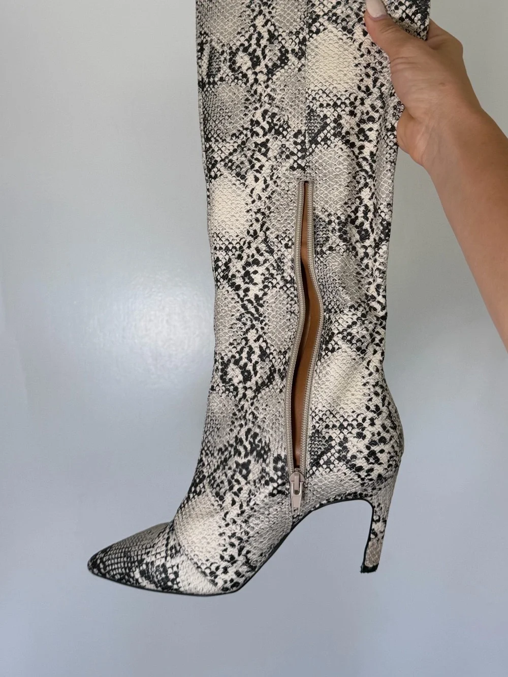 Snake-Print Over-the-Knee Pointed Toe Boot in Beige and Black